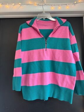 Half-Zip Striped Cowl Sweater in Pink and Teal